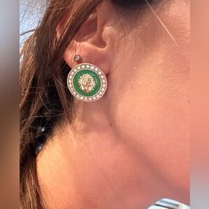 Lion Head Green Cirlce Round Earrings